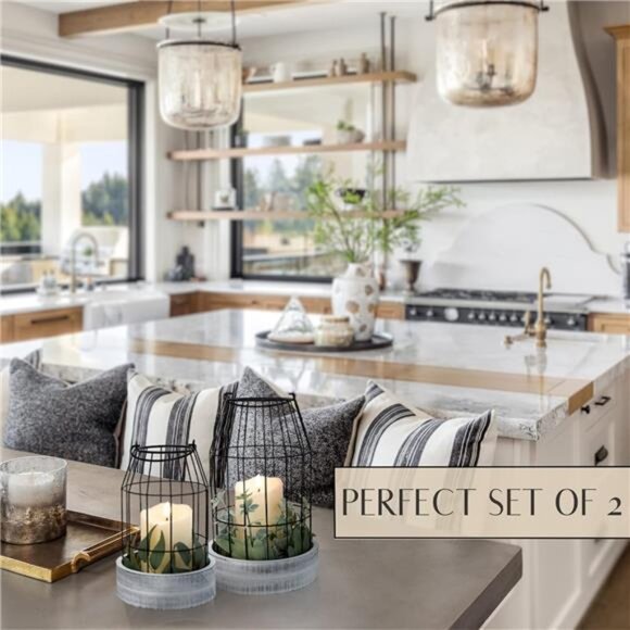 Rustic Farmhouse Lantern Decor Set of 2 - Stylish Decorative Lanterns - Picture 4 of 7